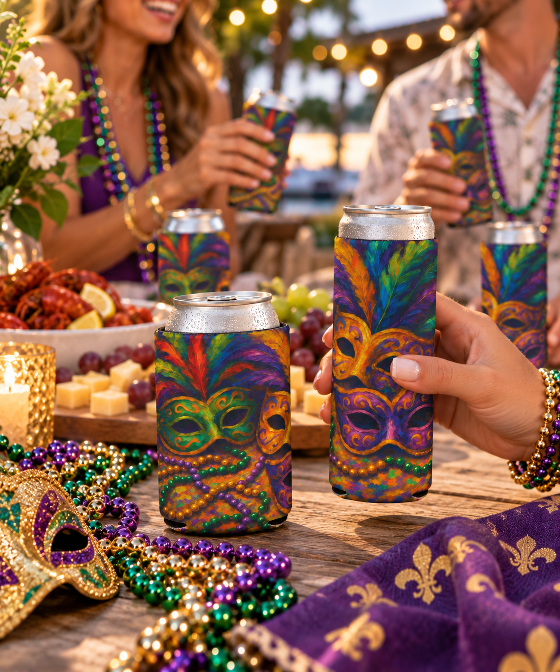Mardi Gras Can Cooler, Colorful Mask Beverage Holder, Party Accessory, Festival Drink Sleeve, Fun Gift for Celebrations
