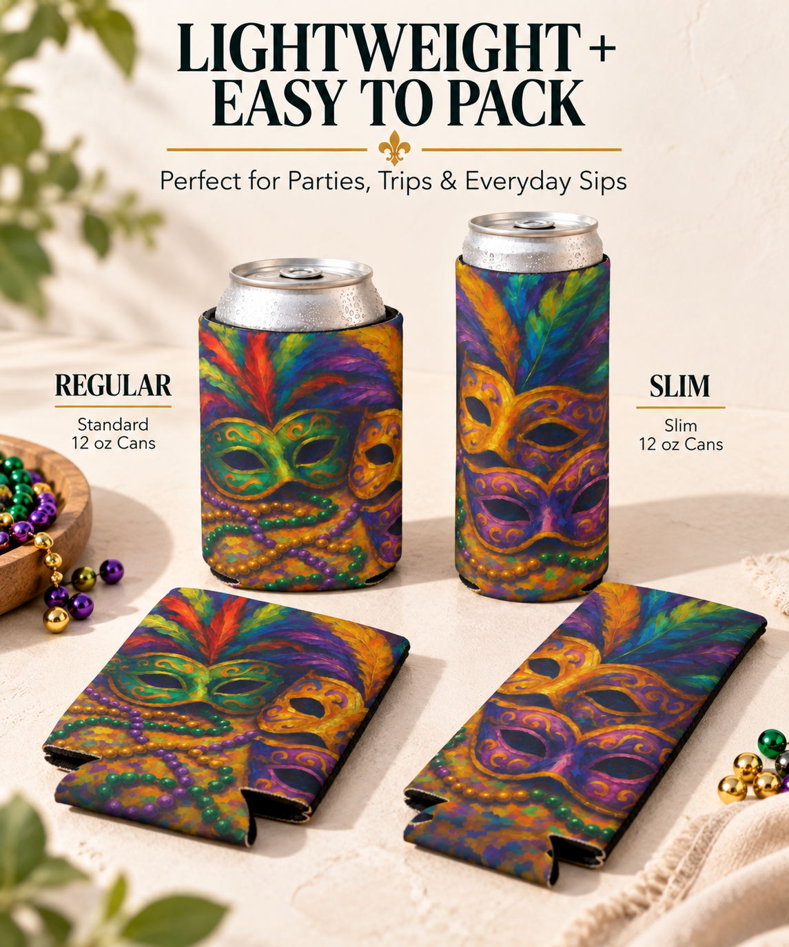 Mardi Gras Can Cooler, Colorful Mask Beverage Holder, Party Accessory, Festival Drink Sleeve, Fun Gift for Celebrations