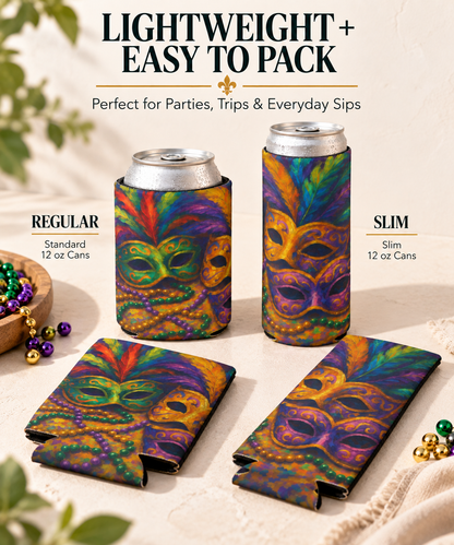 Mardi Gras Can Cooler, Colorful Mask Beverage Holder, Party Accessory, Festival Drink Sleeve, Fun Gift for Celebrations
