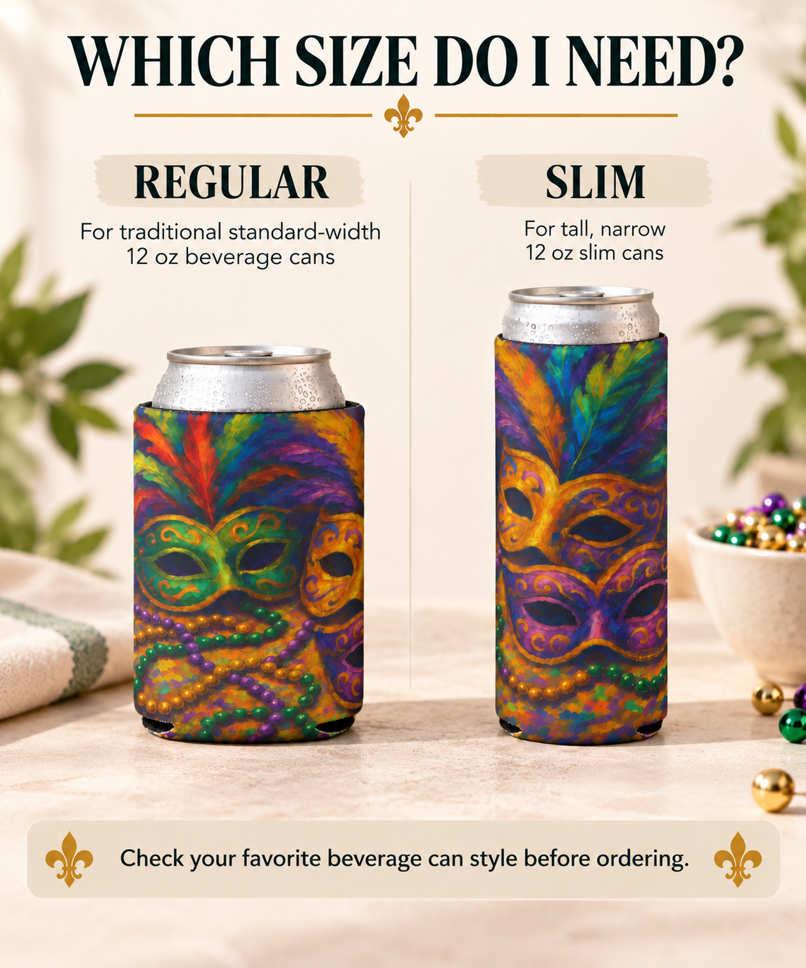 Mardi Gras Can Cooler, Colorful Mask Beverage Holder, Party Accessory, Festival Drink Sleeve, Fun Gift for Celebrations
