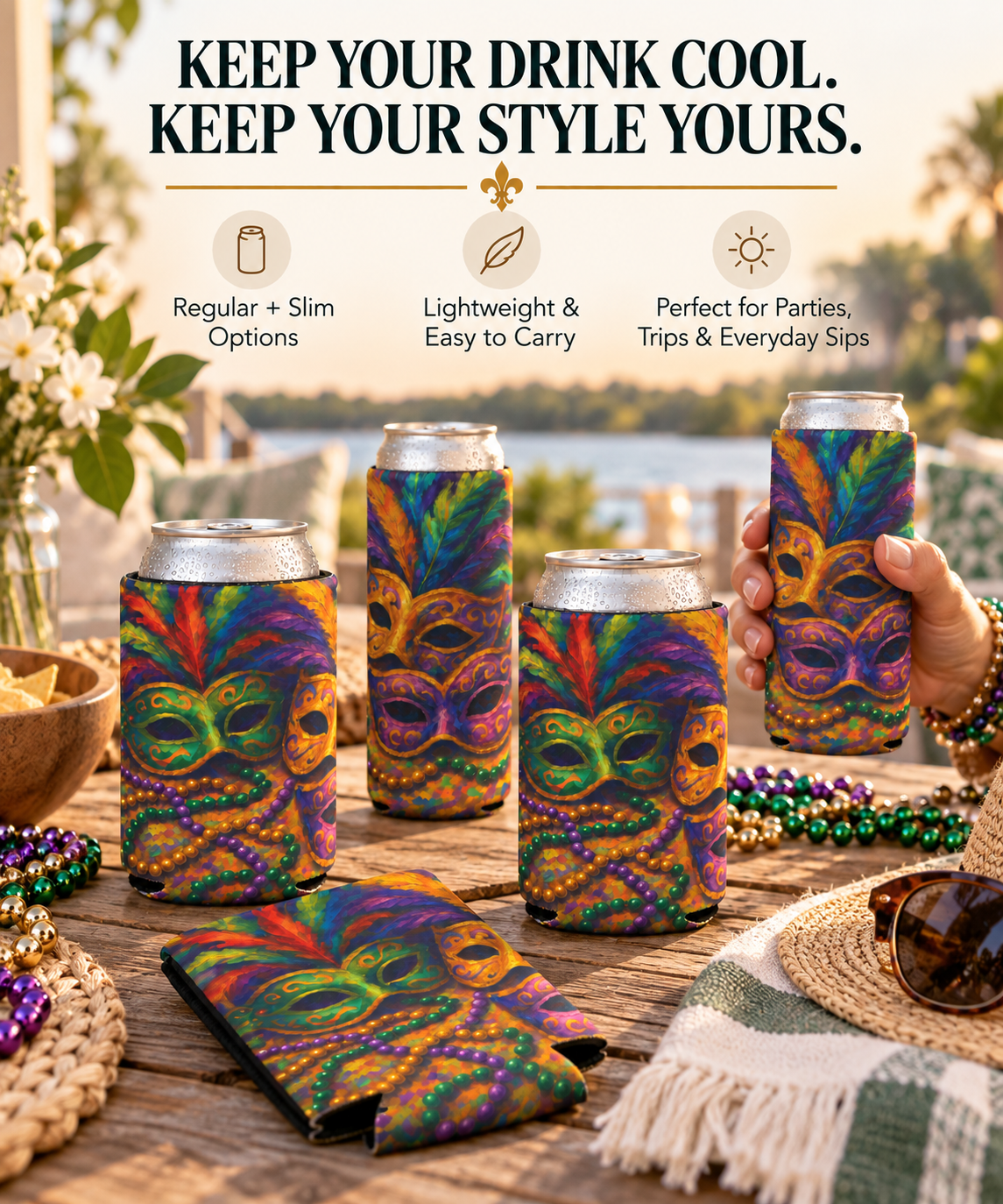 Mardi Gras Can Cooler, Colorful Mask Beverage Holder, Party Accessory, Festival Drink Sleeve, Fun Gift for Celebrations