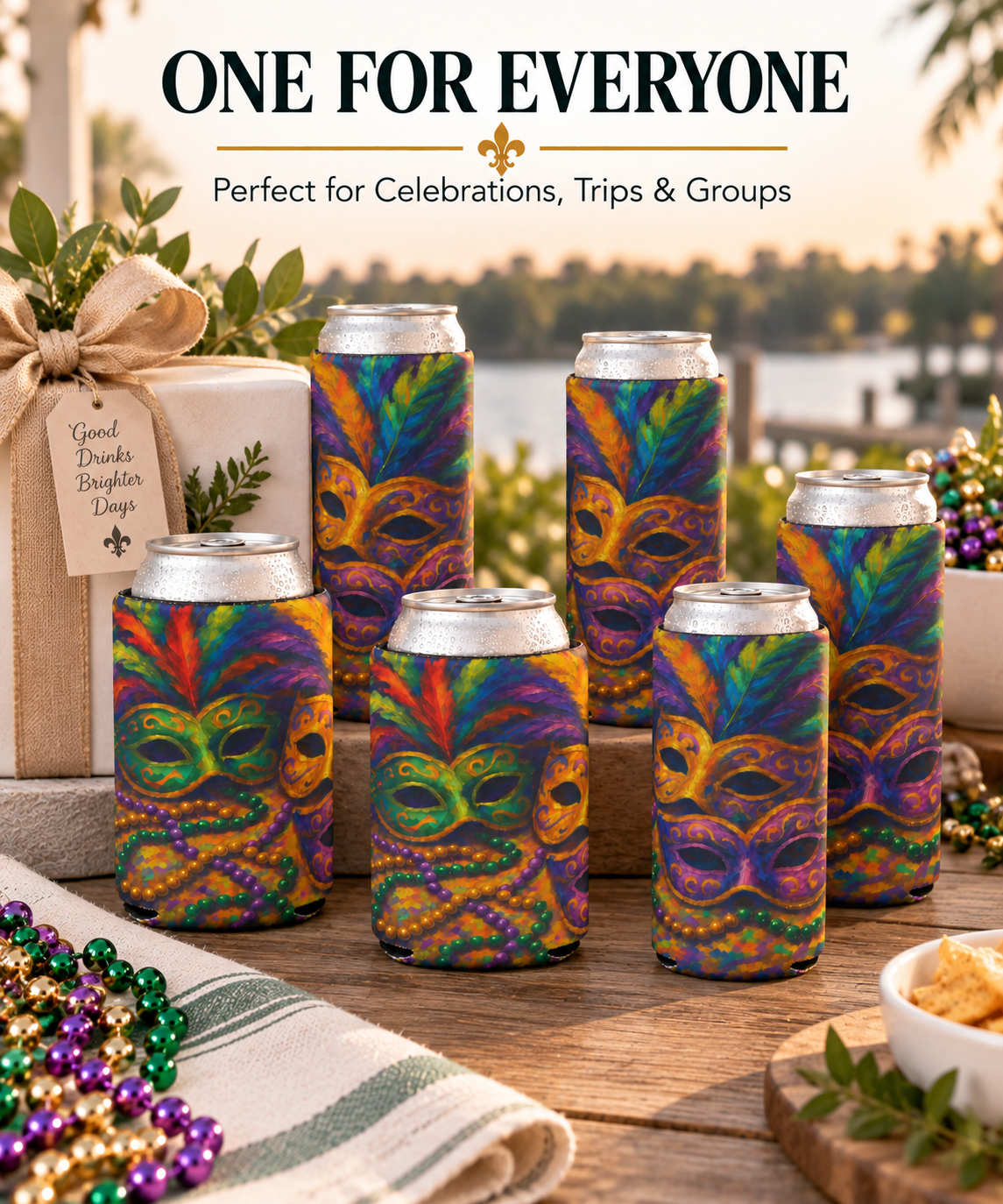 Mardi Gras Can Cooler, Colorful Mask Beverage Holder, Party Accessory, Festival Drink Sleeve, Fun Gift for Celebrations