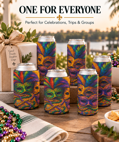 Mardi Gras Can Cooler, Colorful Mask Beverage Holder, Party Accessory, Festival Drink Sleeve, Fun Gift for Celebrations