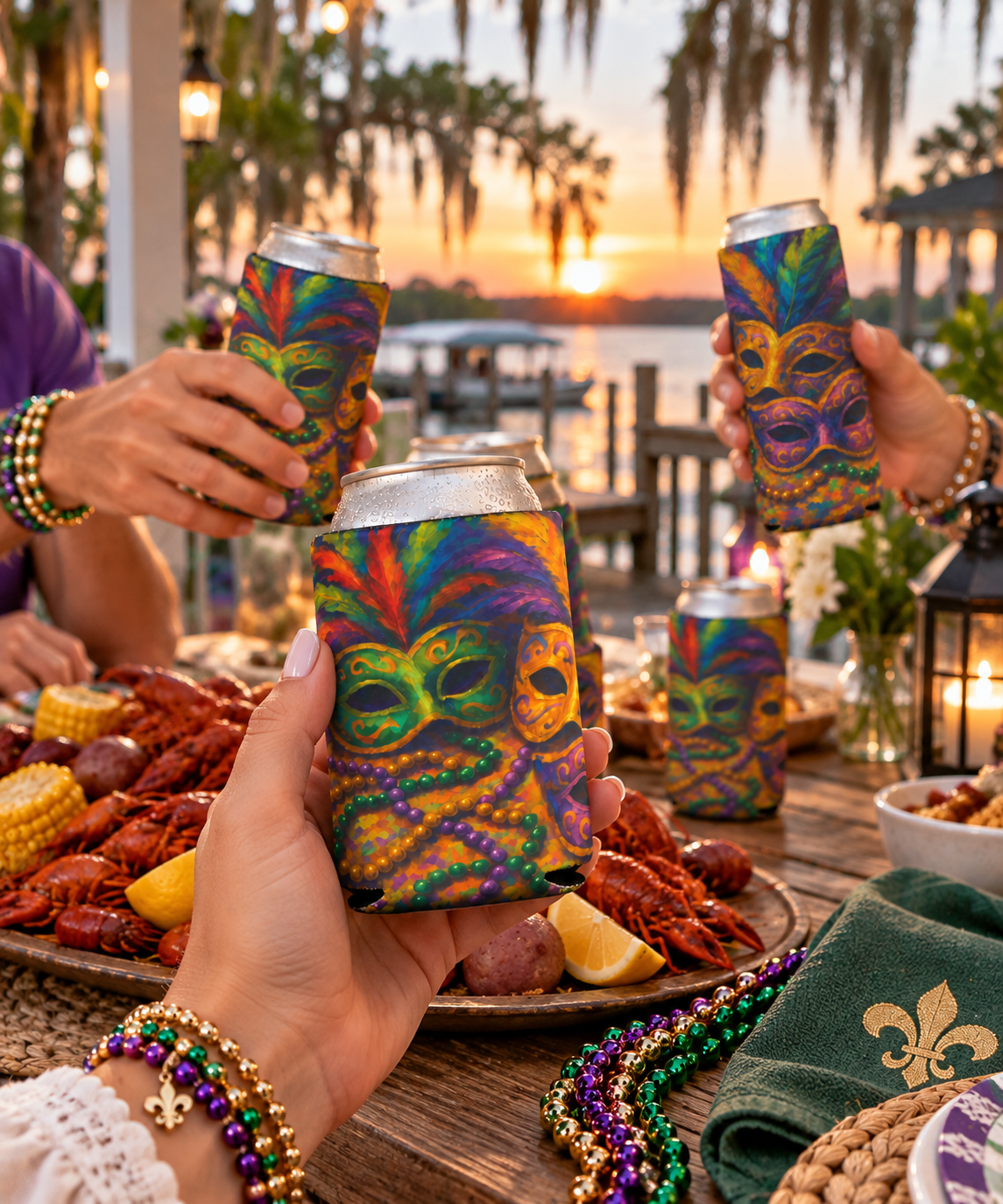 Mardi Gras Can Cooler, Colorful Mask Beverage Holder, Party Accessory, Festival Drink Sleeve, Fun Gift for Celebrations