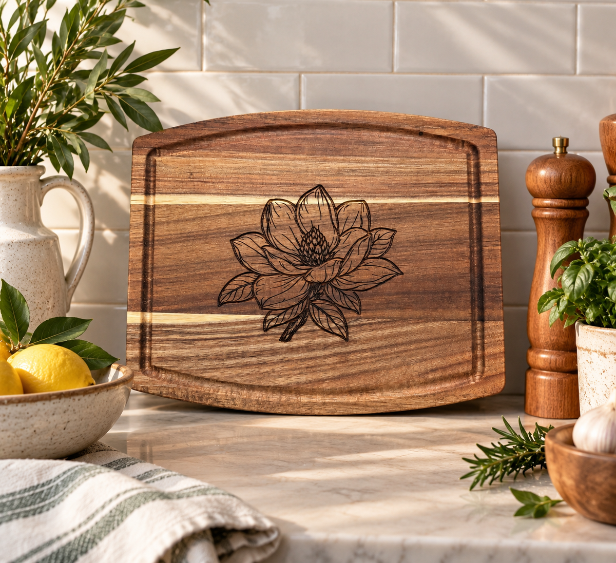 Magnolia Engraved Wooden Cutting Board | 10" × 8" Southern Kitchen Gift