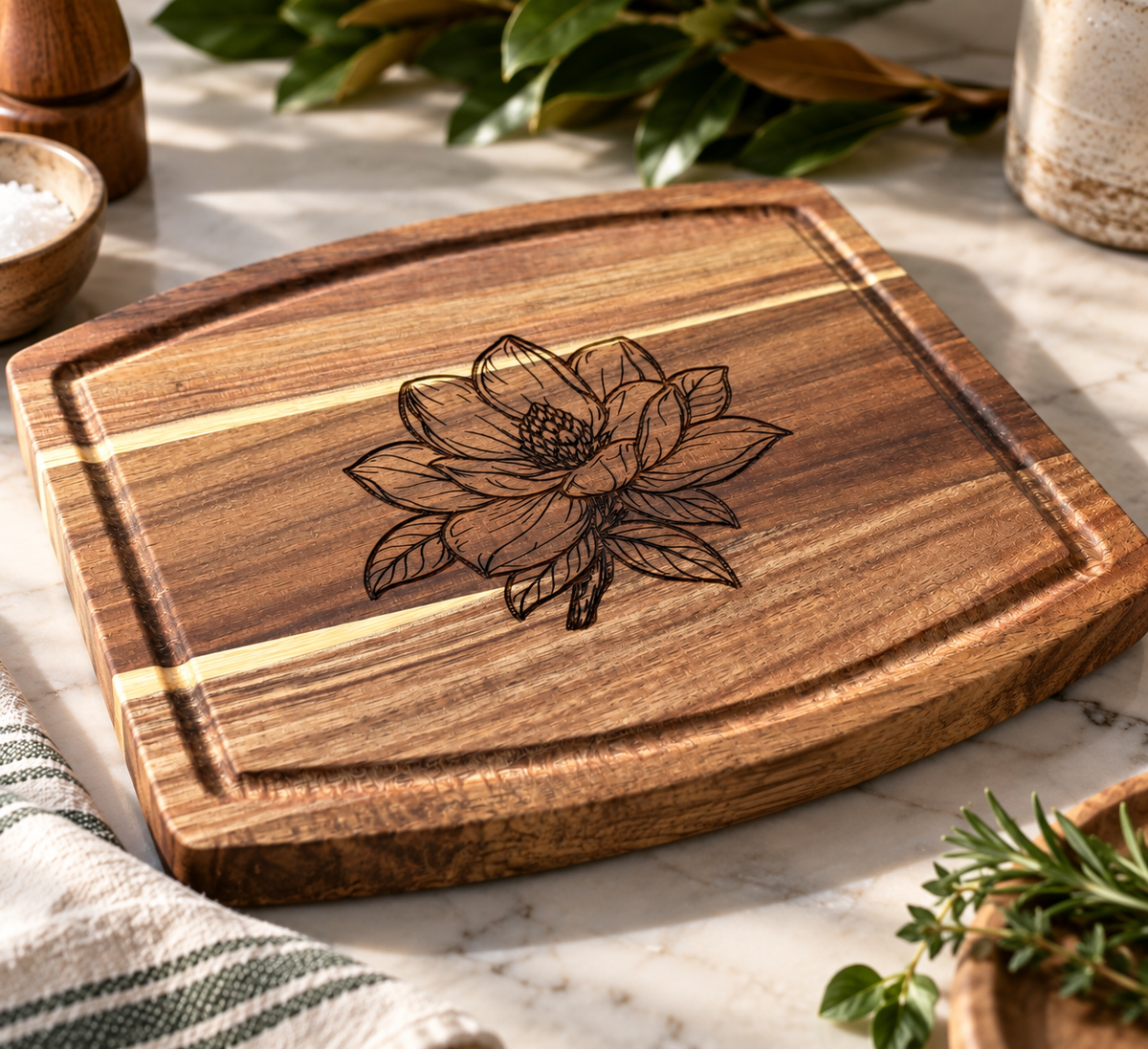 Magnolia Engraved Wooden Cutting Board | 10" × 8" Southern Kitchen Gift