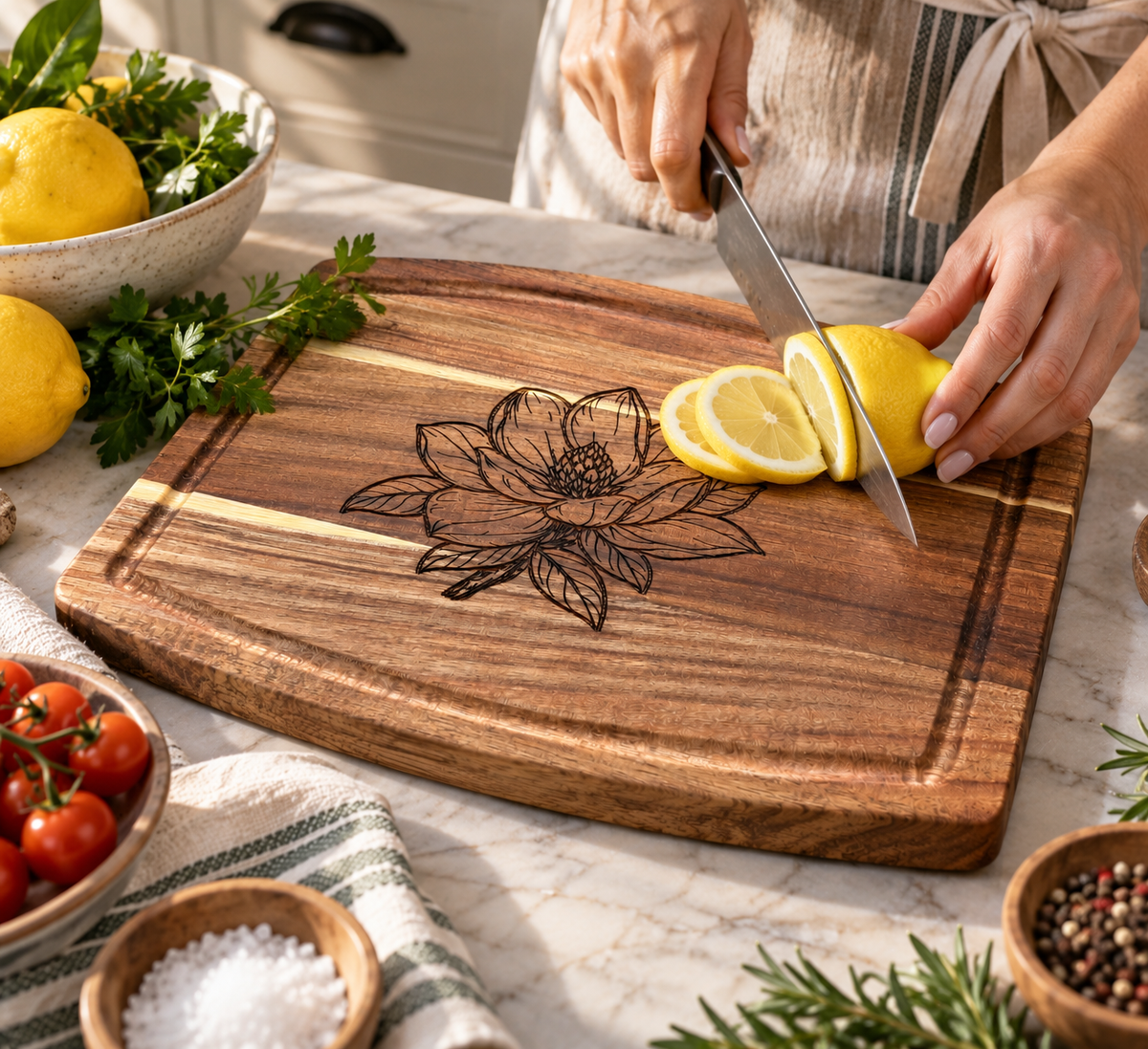 Magnolia Engraved Wooden Cutting Board | 10" × 8" Southern Kitchen Gift