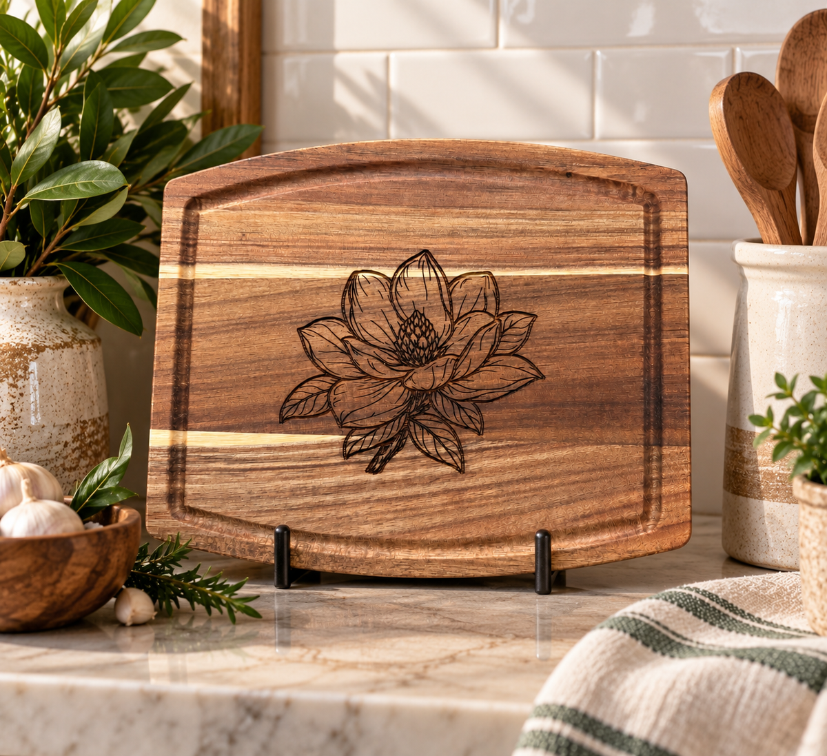 Magnolia Engraved Wooden Cutting Board | 10" × 8" Southern Kitchen Gift