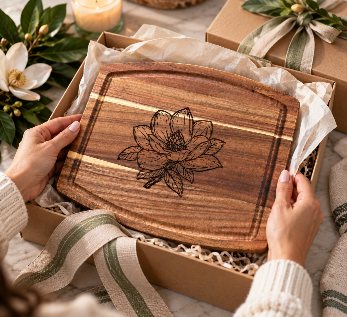 Magnolia Engraved Wooden Cutting Board | 10" × 8" Southern Kitchen Gift