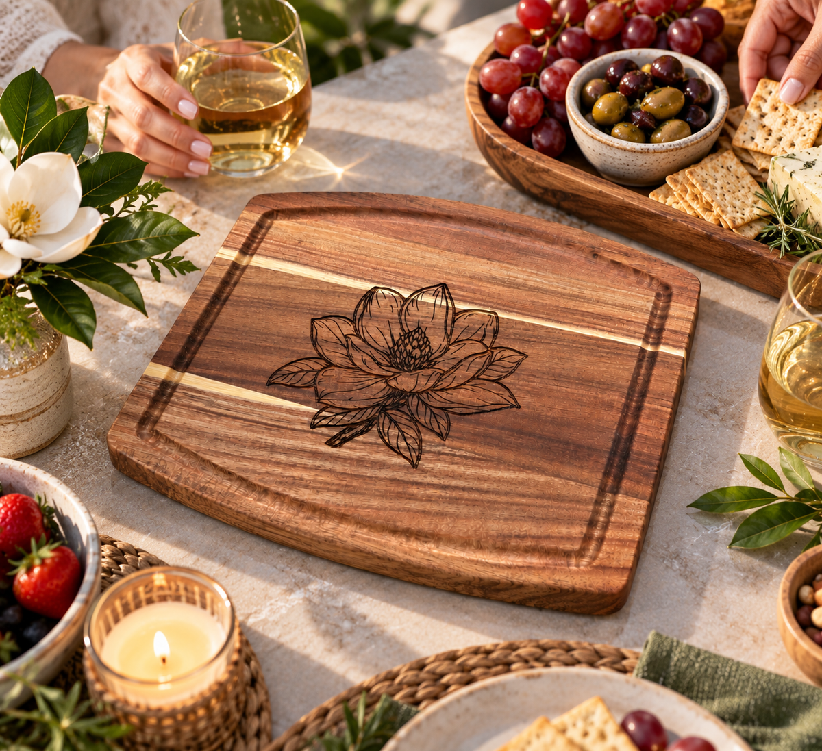 Magnolia Engraved Wooden Cutting Board | 10" × 8" Southern Kitchen Gift