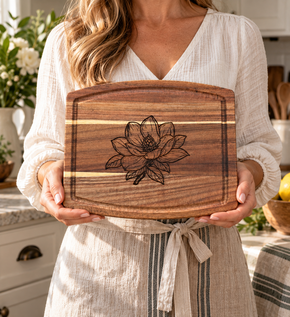Magnolia Engraved Wooden Cutting Board | 10" × 8" Southern Kitchen Gift