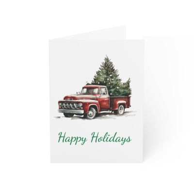 Greeting Cards: Red Vintage Truck with Christmas Tree, Happy Holidays, Holiday Cards, Christmas Cards, Bulk Cards, Festive Greetings