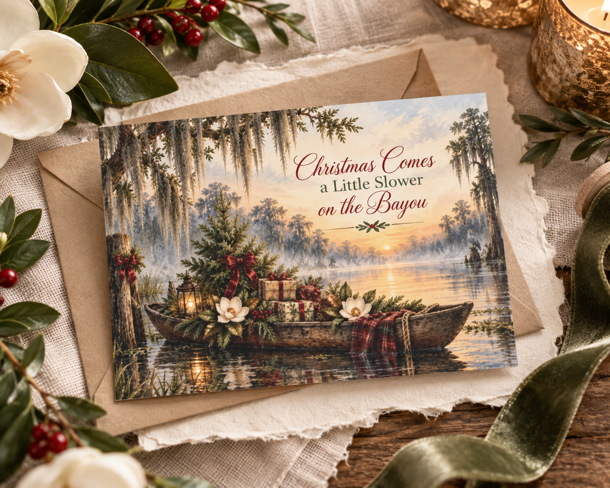 Bayou Christmas Greeting Cards — "Christmas Comes a Little Slower on the Bayou" (Set of 10/30/50)