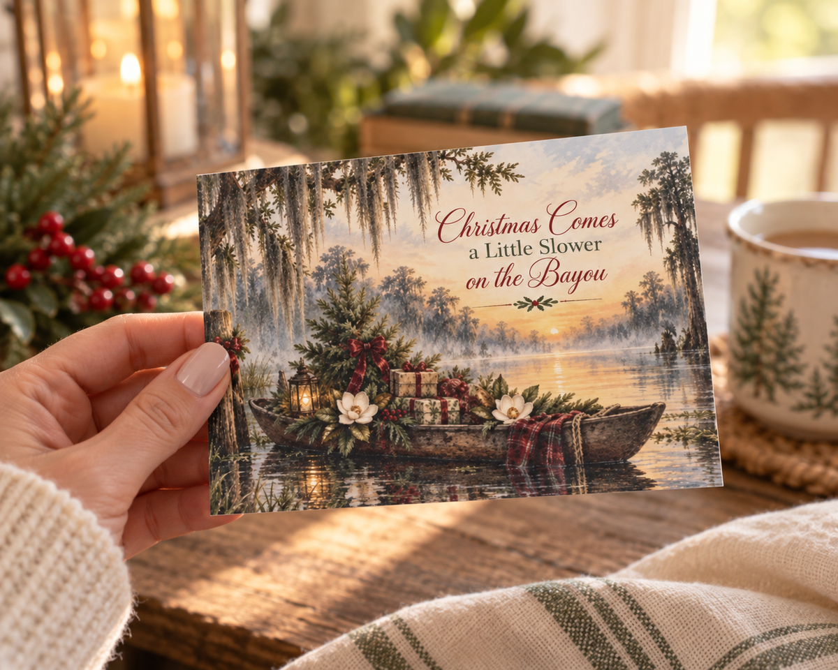 Bayou Christmas Greeting Cards — "Christmas Comes a Little Slower on the Bayou" (Set of 10/30/50)