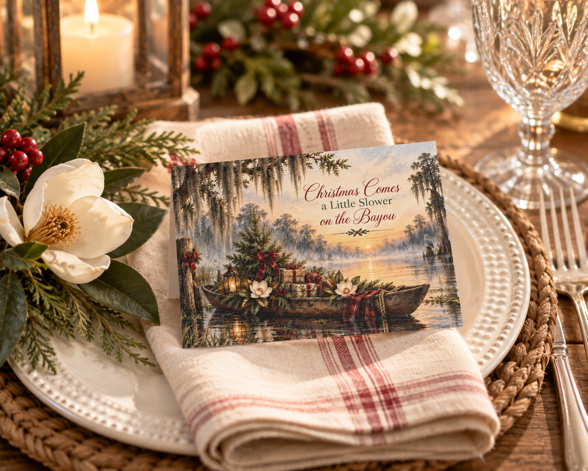 Bayou Christmas Greeting Cards — "Christmas Comes a Little Slower on the Bayou" (Set of 10/30/50)