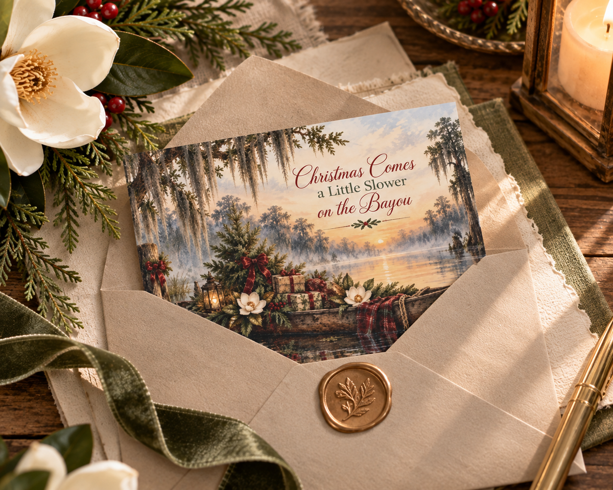 Bayou Christmas Greeting Cards — "Christmas Comes a Little Slower on the Bayou" (Set of 10/30/50)