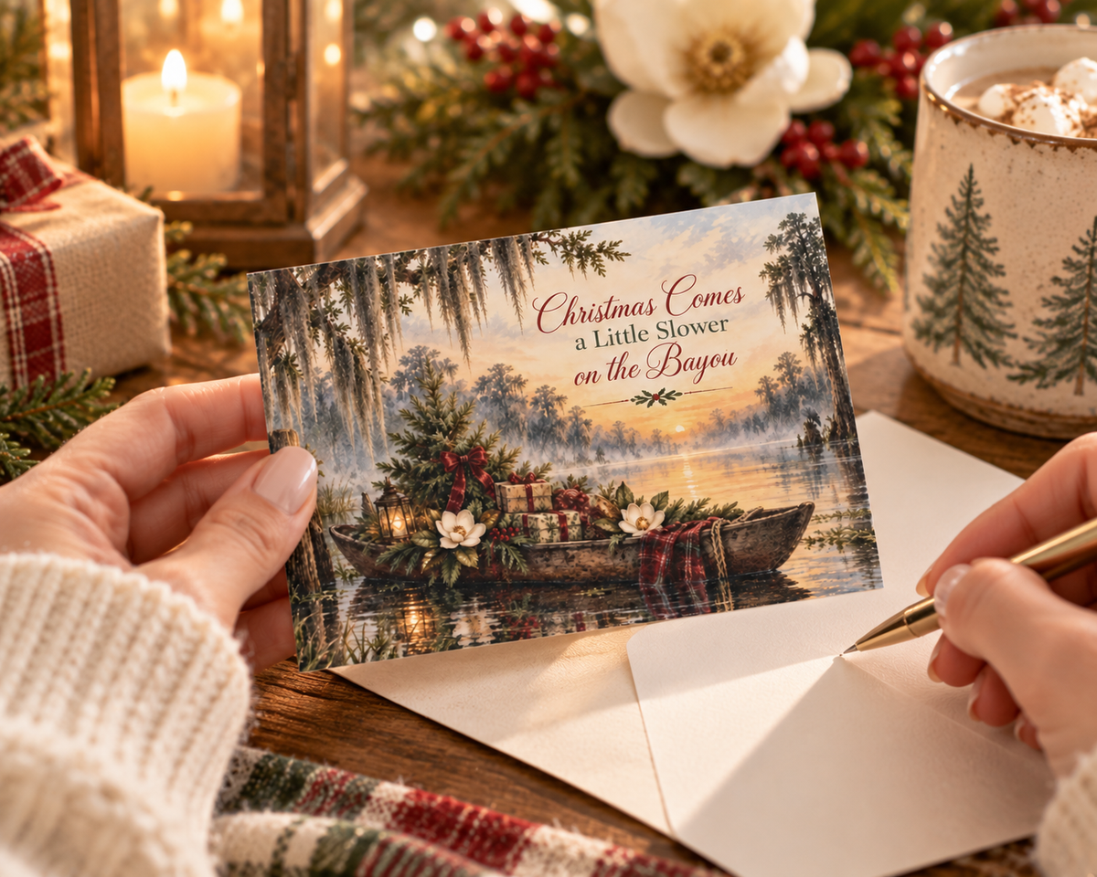 Bayou Christmas Greeting Cards — "Christmas Comes a Little Slower on the Bayou" (Set of 10/30/50)