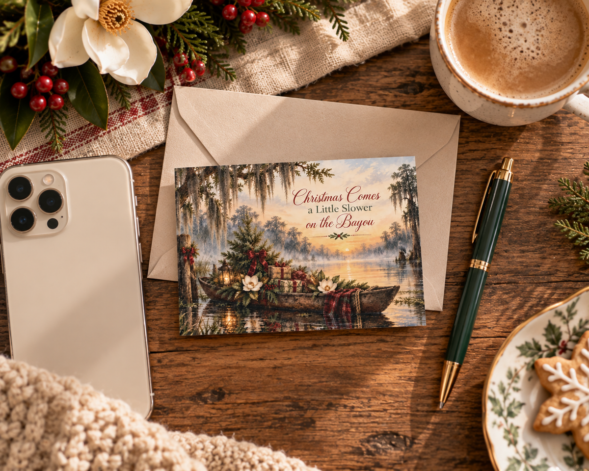 Bayou Christmas Greeting Cards — "Christmas Comes a Little Slower on the Bayou" (Set of 10/30/50)