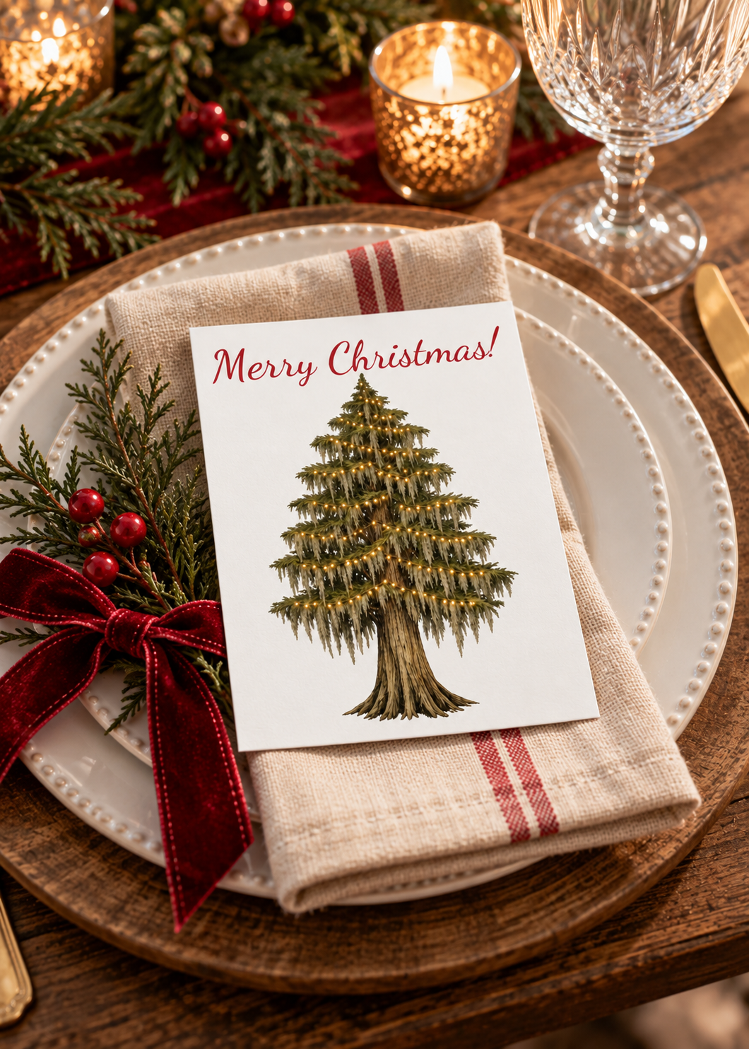Merry Christmas Cypress Tree Greeting Cards — Pack of 10/30/50