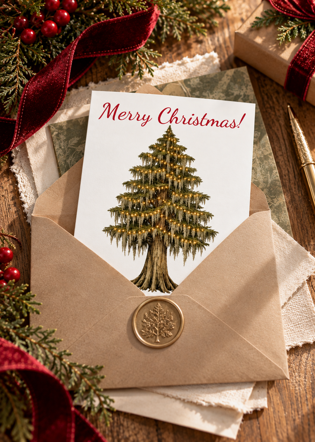Merry Christmas Cypress Tree Greeting Cards — Pack of 10/30/50