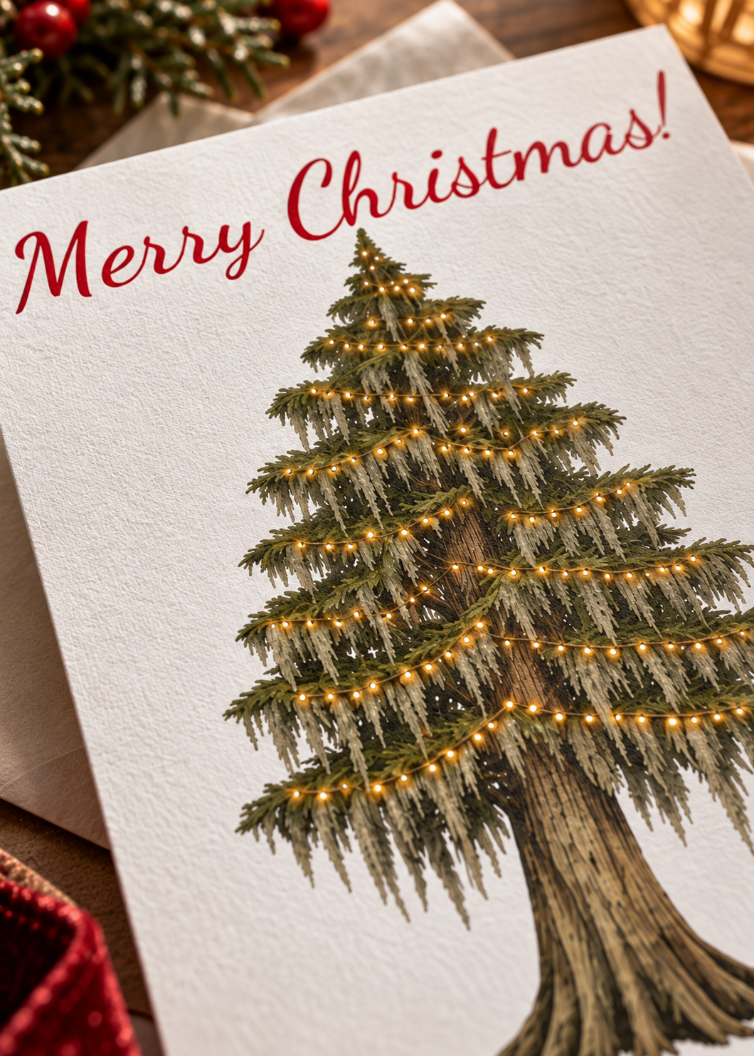 Merry Christmas Cypress Tree Greeting Cards — Pack of 10/30/50