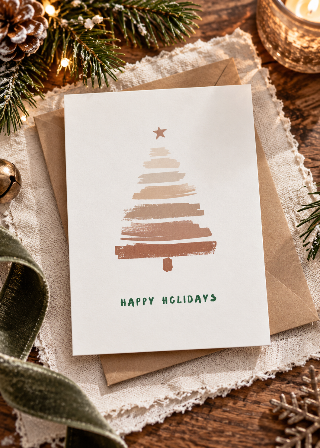 Minimal Brushstroke Christmas Tree Greeting Card — "Happy Holidays" (Multipack)