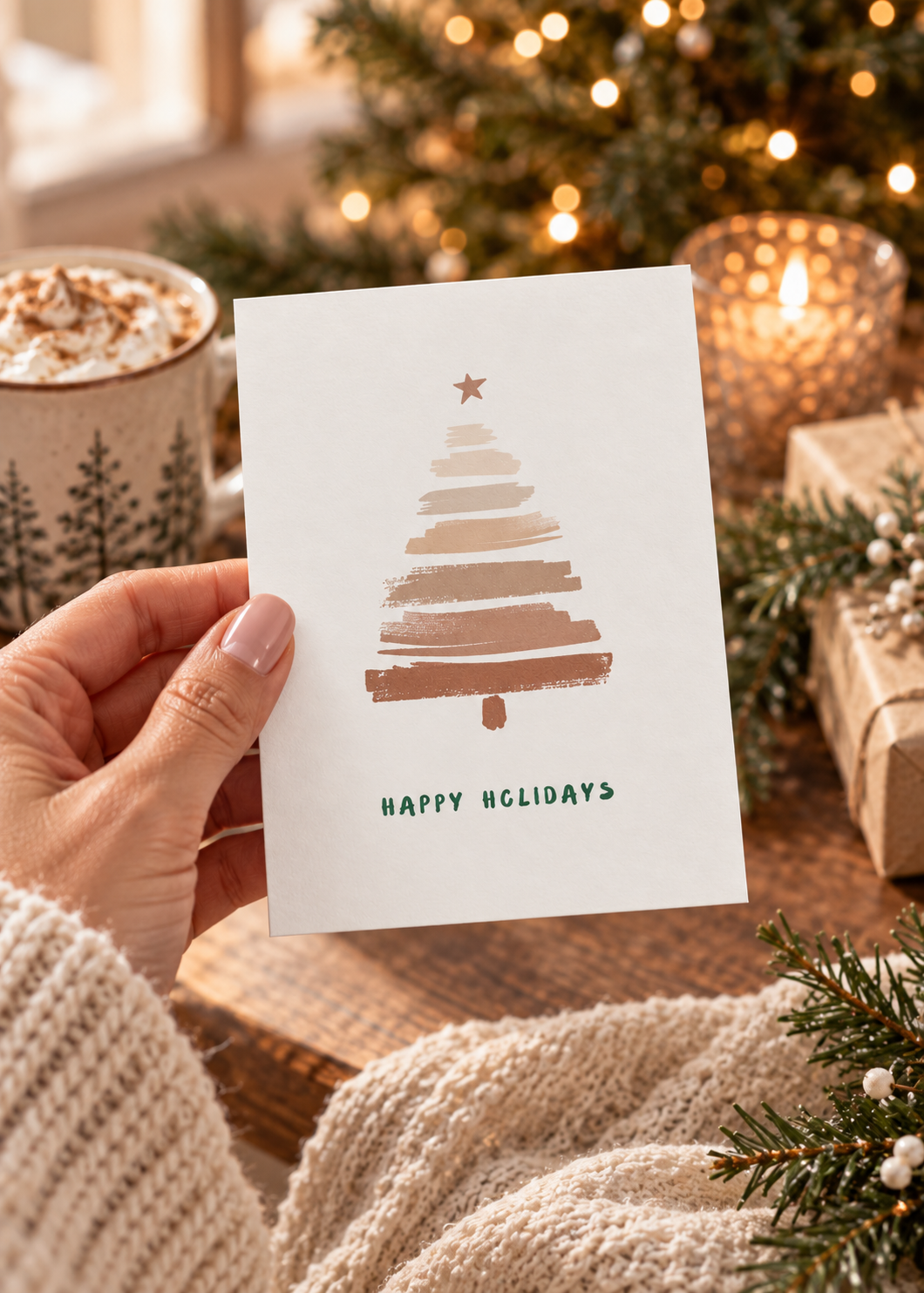 Minimal Brushstroke Christmas Tree Greeting Card — "Happy Holidays" (Multipack)