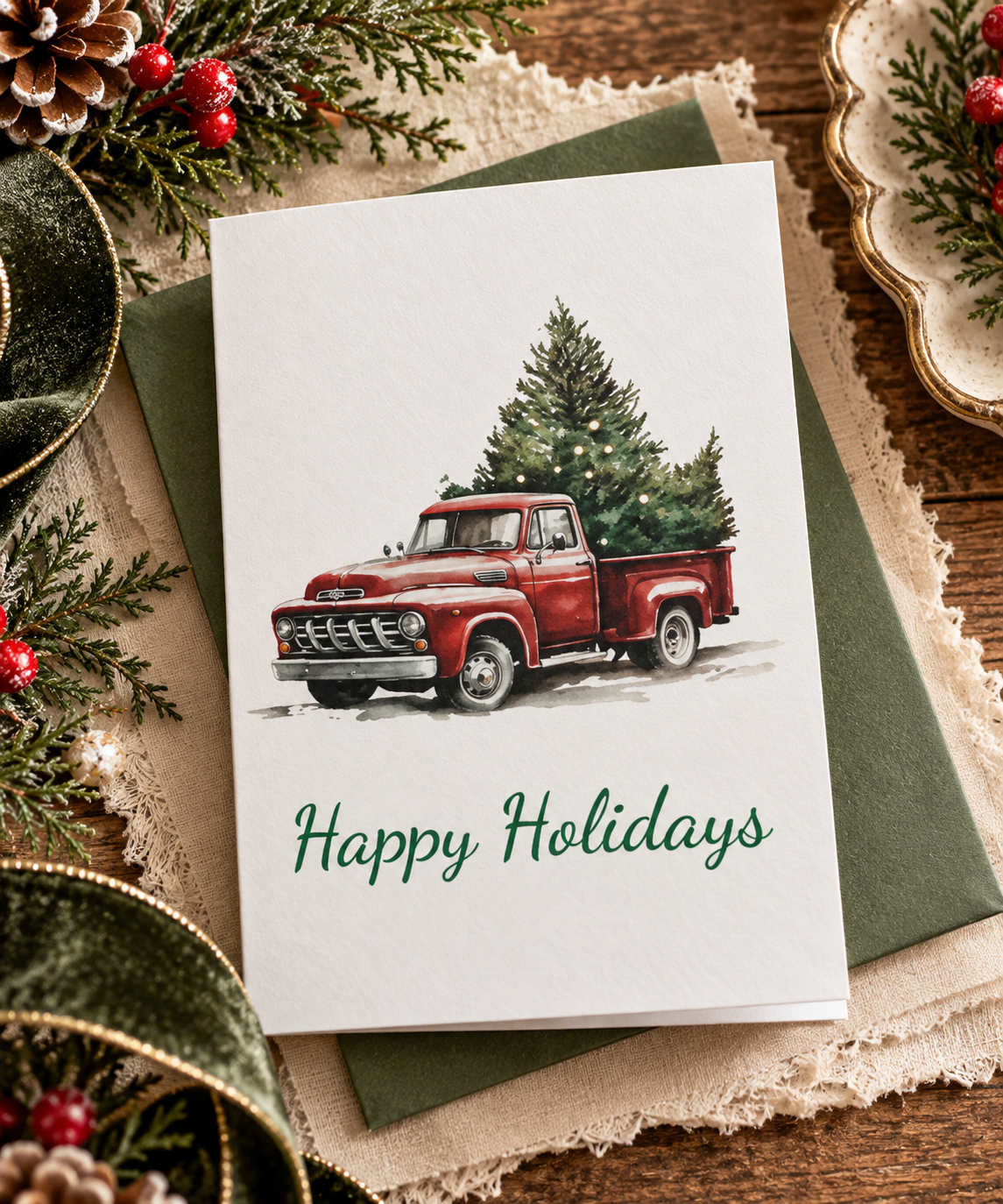Greeting Cards: Red Vintage Truck with Christmas Tree, Happy Holidays, Holiday Cards, Christmas Cards, Bulk Cards, Festive Greetings
