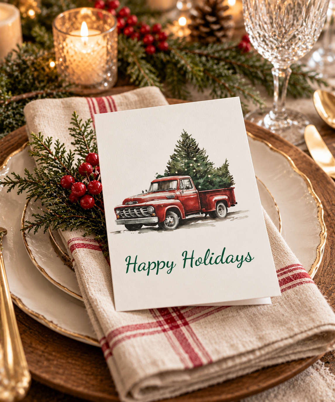 Greeting Cards: Red Vintage Truck with Christmas Tree, Happy Holidays, Holiday Cards, Christmas Cards, Bulk Cards, Festive Greetings