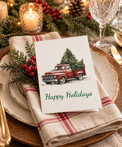 Greeting Cards: Red Vintage Truck with Christmas Tree, Happy Holidays, Holiday Cards, Christmas Cards, Bulk Cards, Festive Greetings