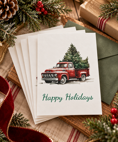 Greeting Cards: Red Vintage Truck with Christmas Tree, Happy Holidays, Holiday Cards, Christmas Cards, Bulk Cards, Festive Greetings