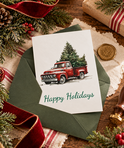 Greeting Cards: Red Vintage Truck with Christmas Tree, Happy Holidays, Holiday Cards, Christmas Cards, Bulk Cards, Festive Greetings