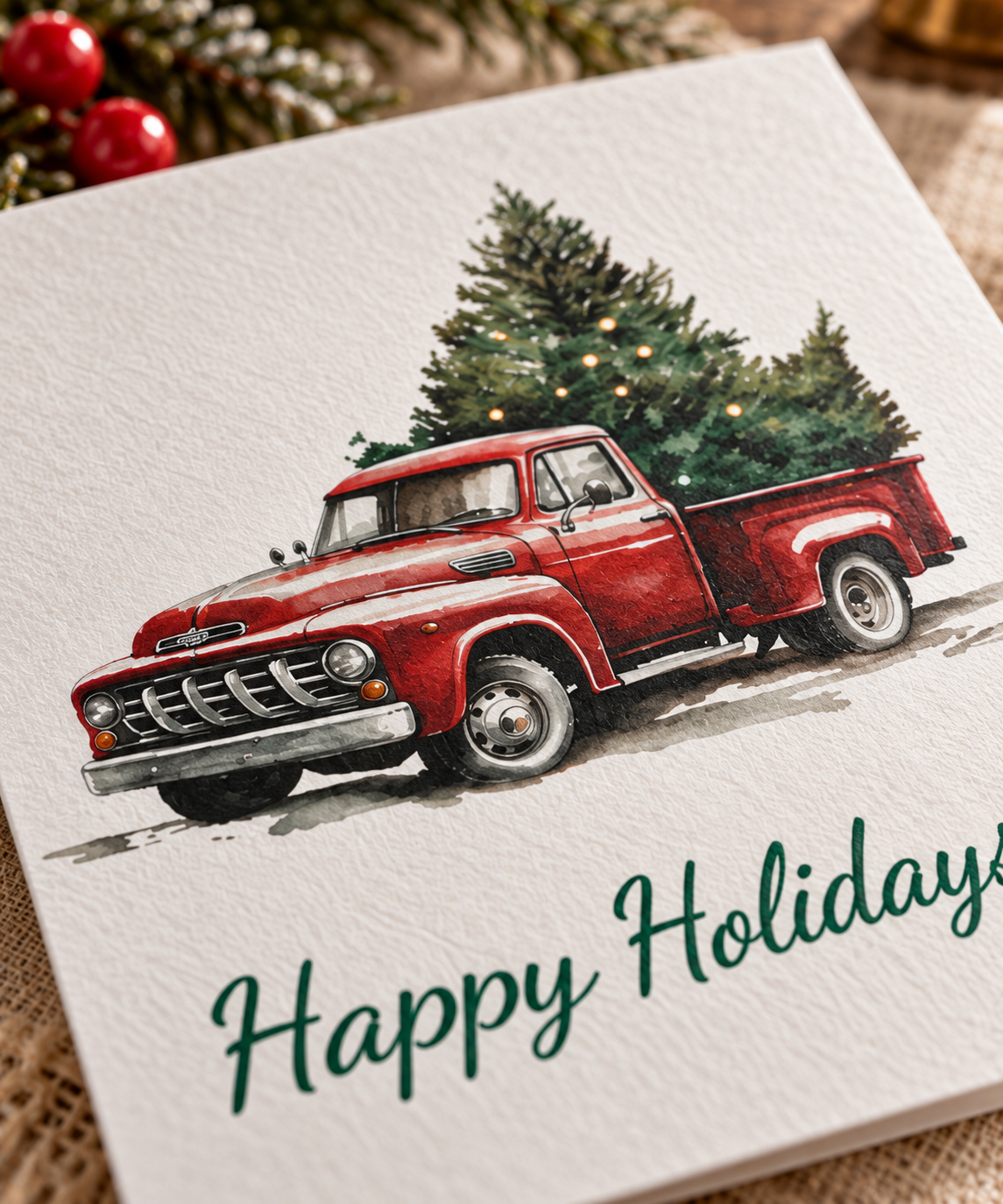 Greeting Cards: Red Vintage Truck with Christmas Tree, Happy Holidays, Holiday Cards, Christmas Cards, Bulk Cards, Festive Greetings