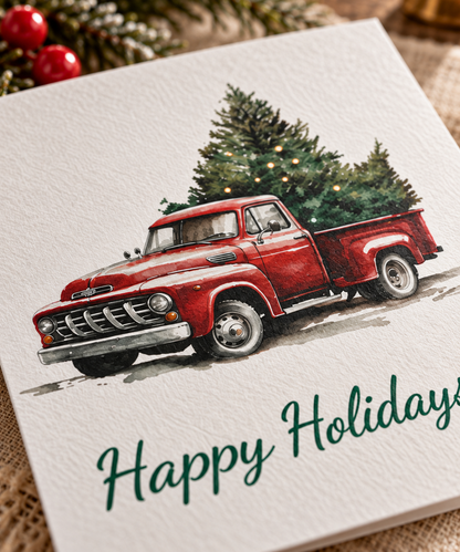 Greeting Cards: Red Vintage Truck with Christmas Tree, Happy Holidays, Holiday Cards, Christmas Cards, Bulk Cards, Festive Greetings
