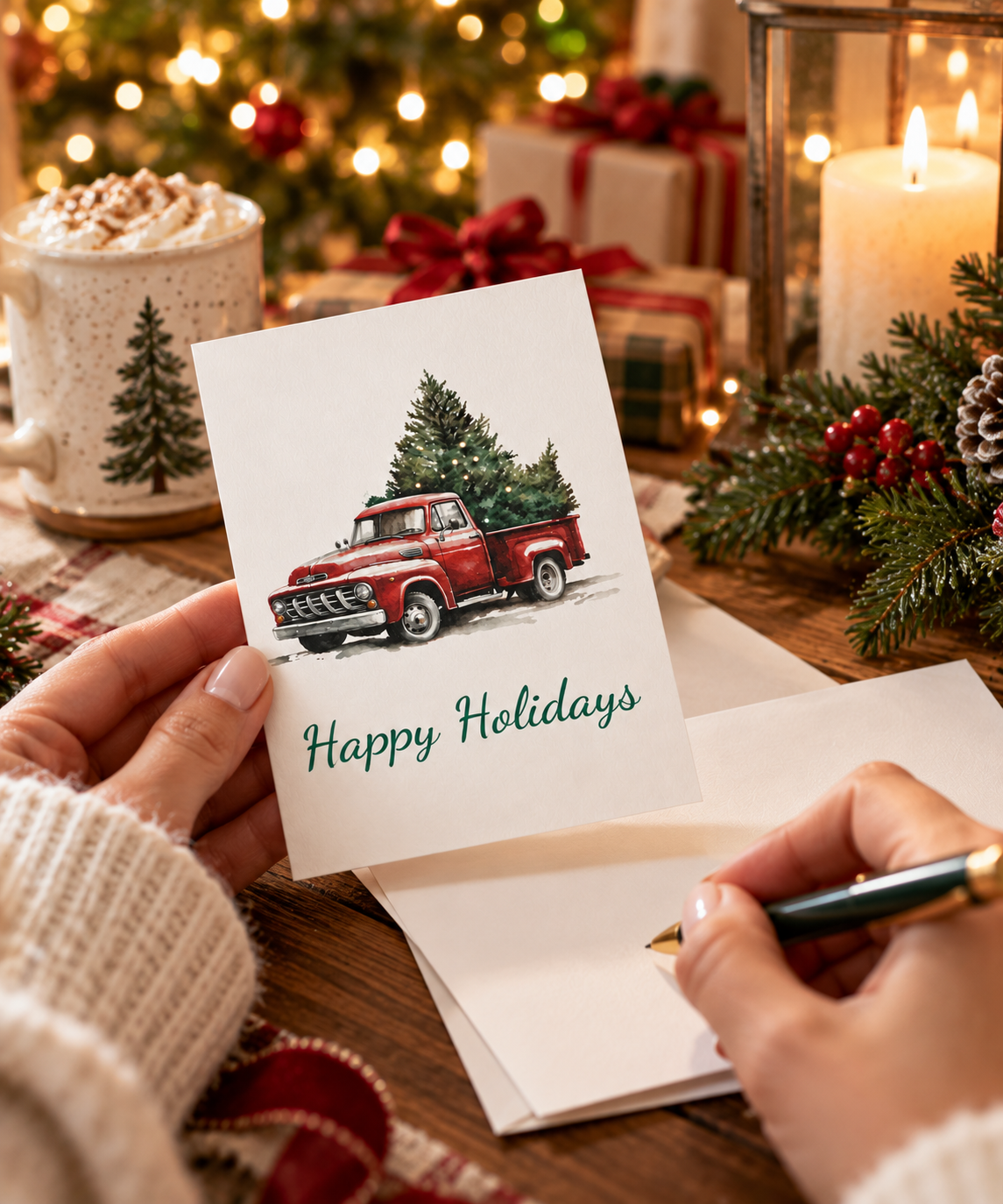 Greeting Cards: Red Vintage Truck with Christmas Tree, Happy Holidays, Holiday Cards, Christmas Cards, Bulk Cards, Festive Greetings