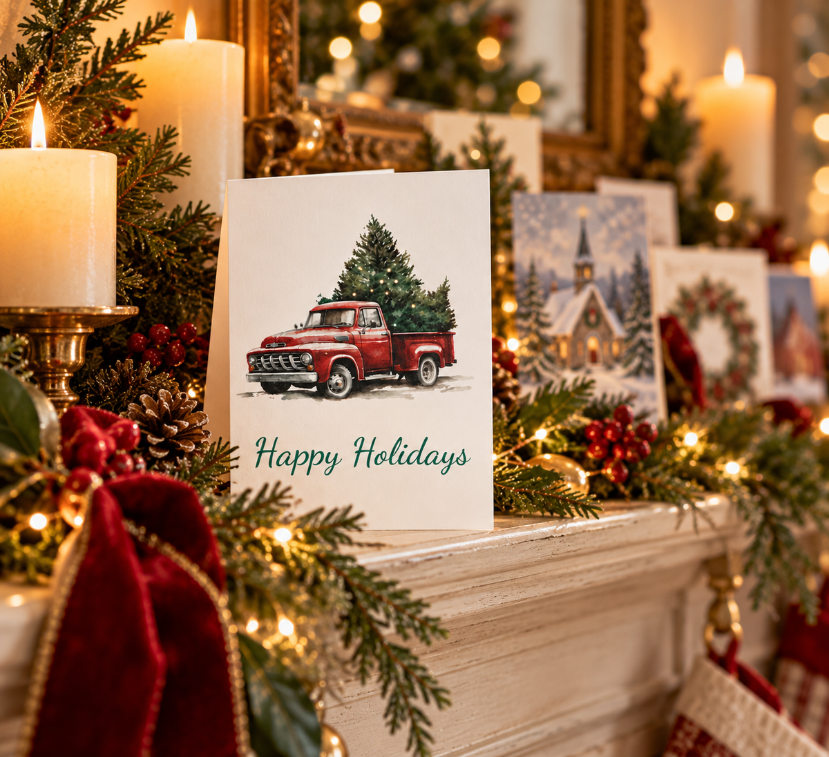 Greeting Cards: Red Vintage Truck with Christmas Tree, Happy Holidays, Holiday Cards, Christmas Cards, Bulk Cards, Festive Greetings