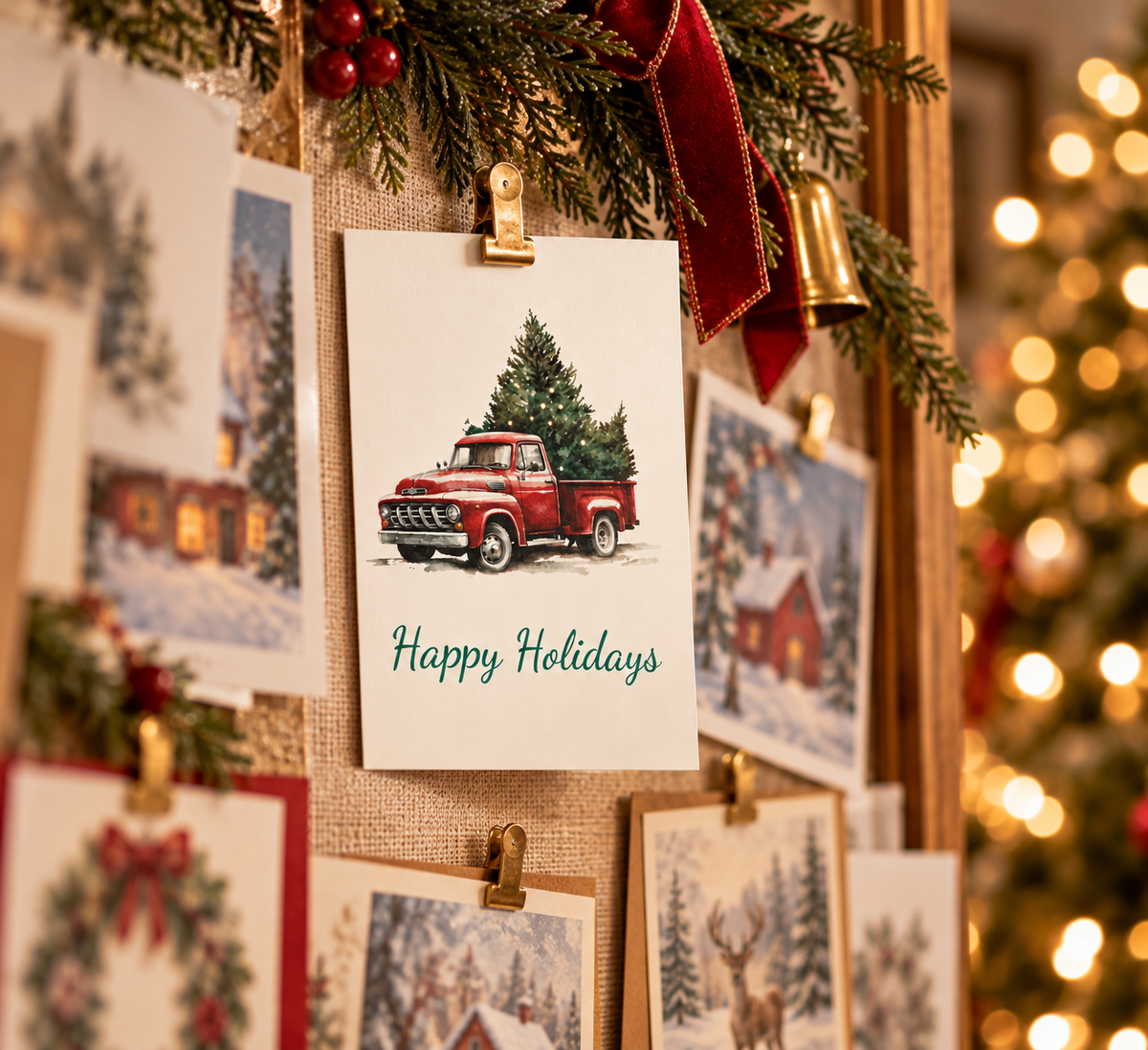 Greeting Cards: Red Vintage Truck with Christmas Tree, Happy Holidays, Holiday Cards, Christmas Cards, Bulk Cards, Festive Greetings