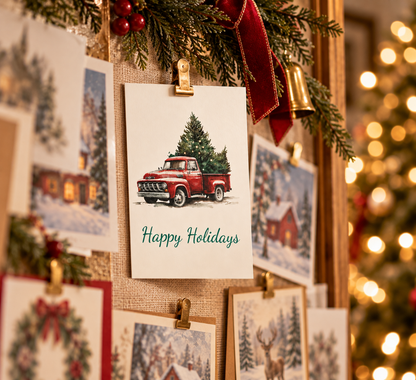 Greeting Cards: Red Vintage Truck with Christmas Tree, Happy Holidays, Holiday Cards, Christmas Cards, Bulk Cards, Festive Greetings
