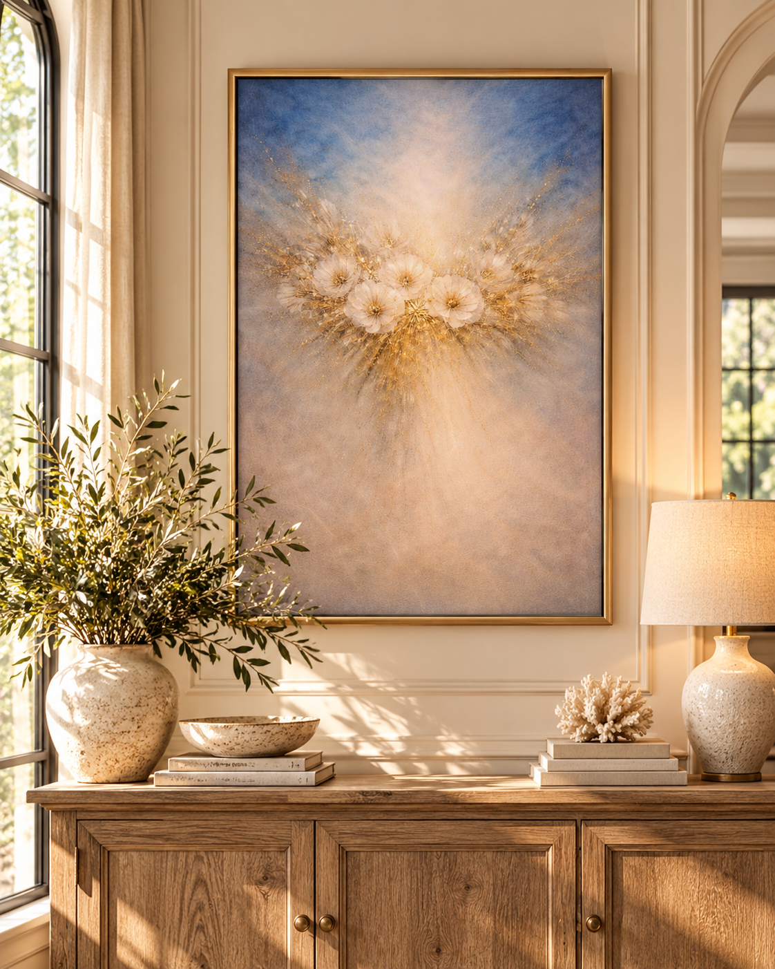 Blue &amp; Gold Floral Wall Art – Soft Abstract Flower Art Print