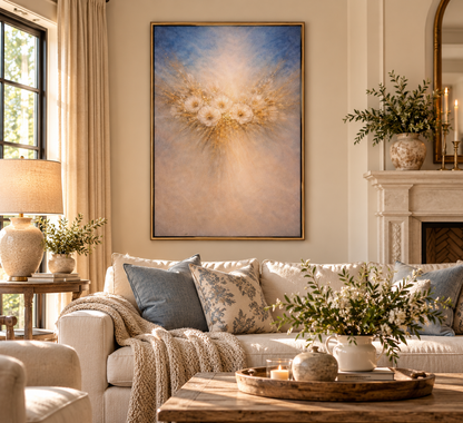Blue &amp; Gold Floral Wall Art – Soft Abstract Flower Art Print
