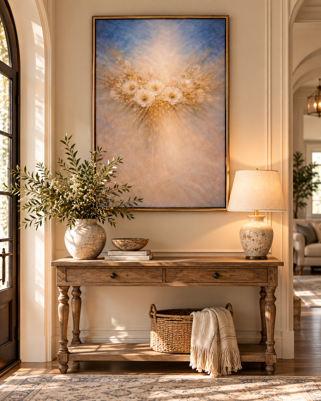 Blue &amp; Gold Floral Wall Art – Soft Abstract Flower Art Print