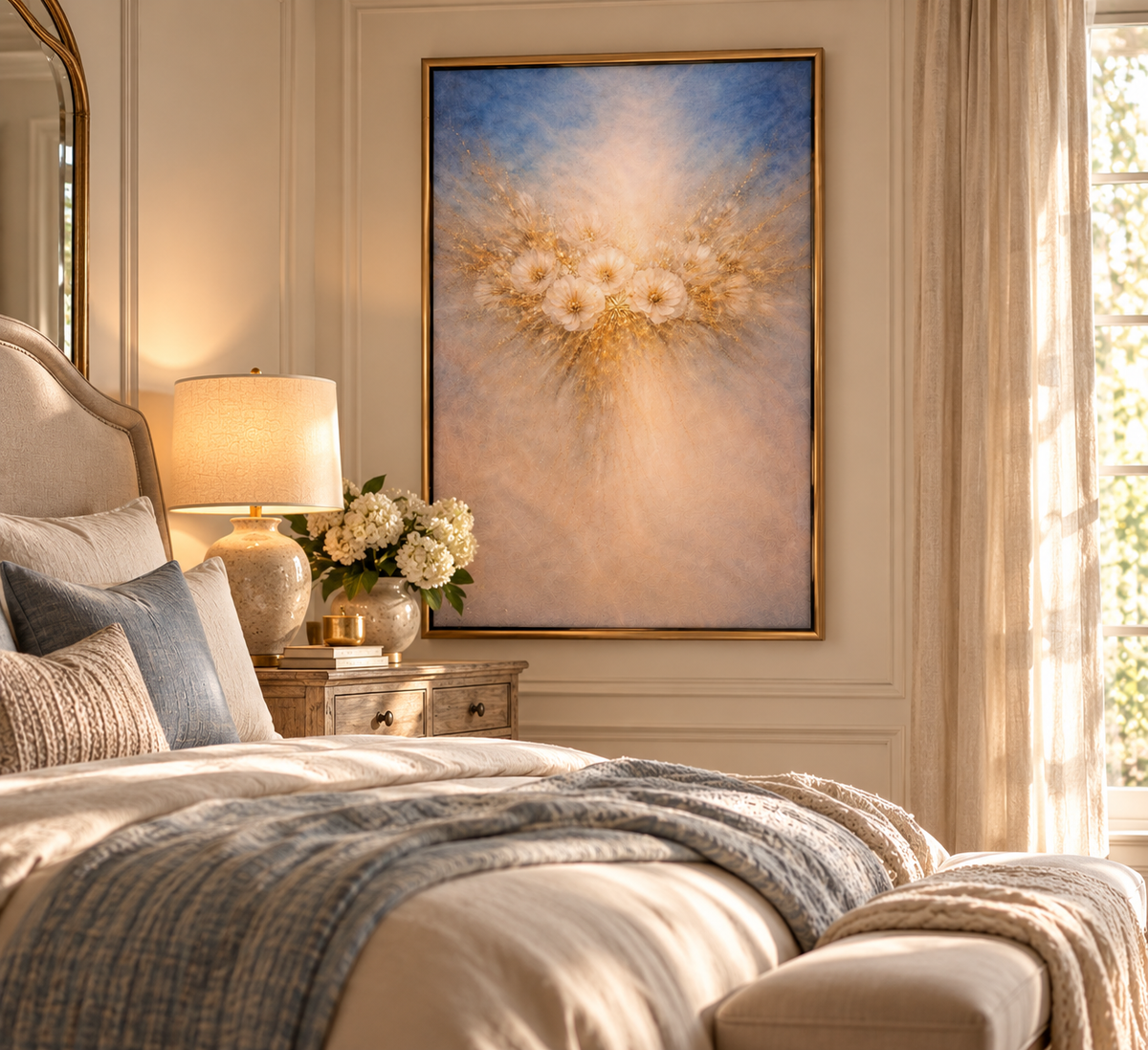 Blue &amp; Gold Floral Wall Art – Soft Abstract Flower Art Print