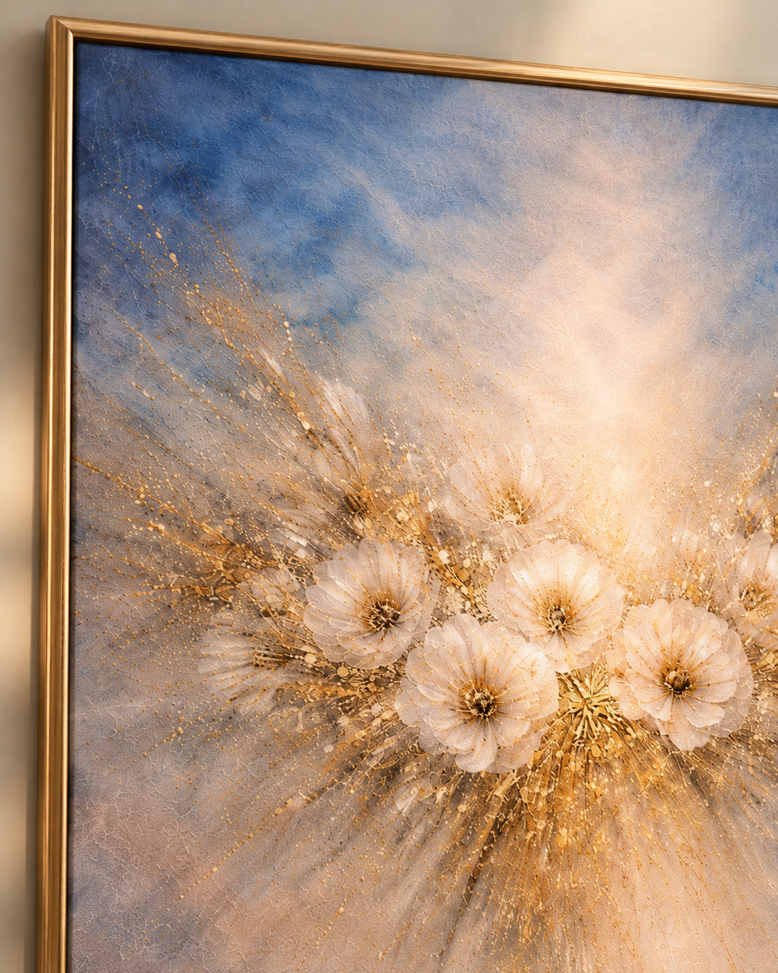 Blue &amp; Gold Floral Wall Art – Soft Abstract Flower Art Print