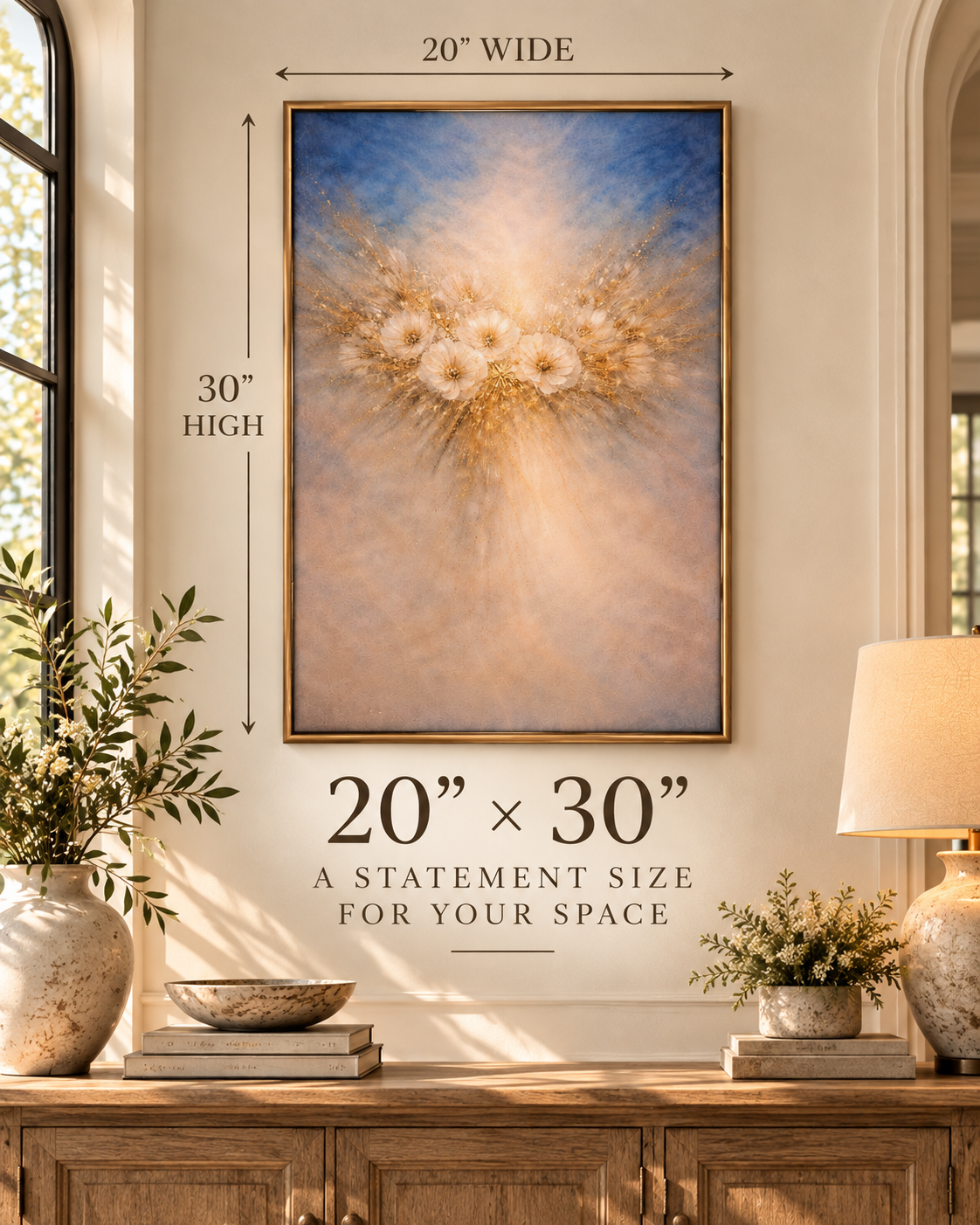 Blue &amp; Gold Floral Wall Art – Soft Abstract Flower Art Print