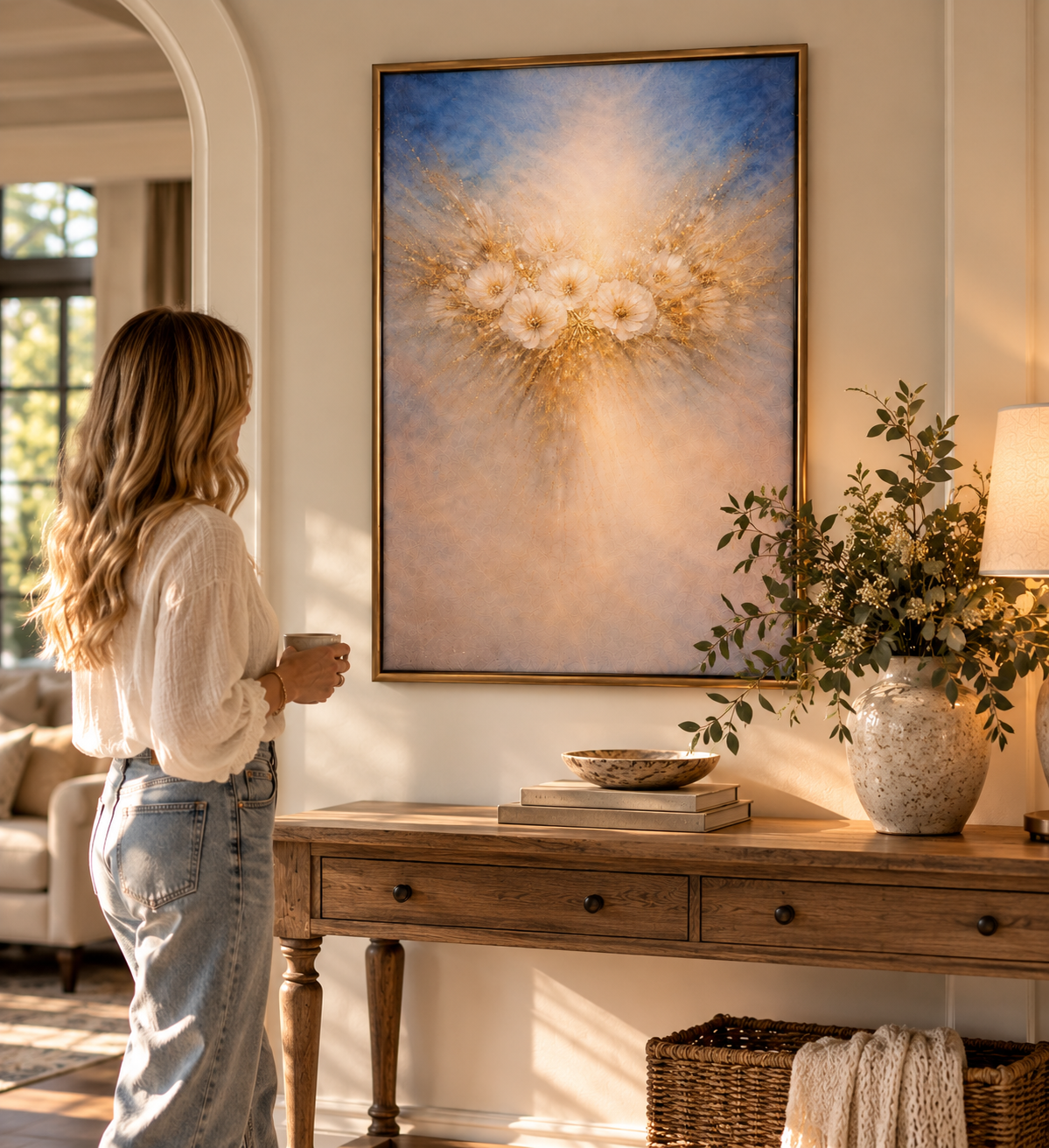 Blue &amp; Gold Floral Wall Art – Soft Abstract Flower Art Print