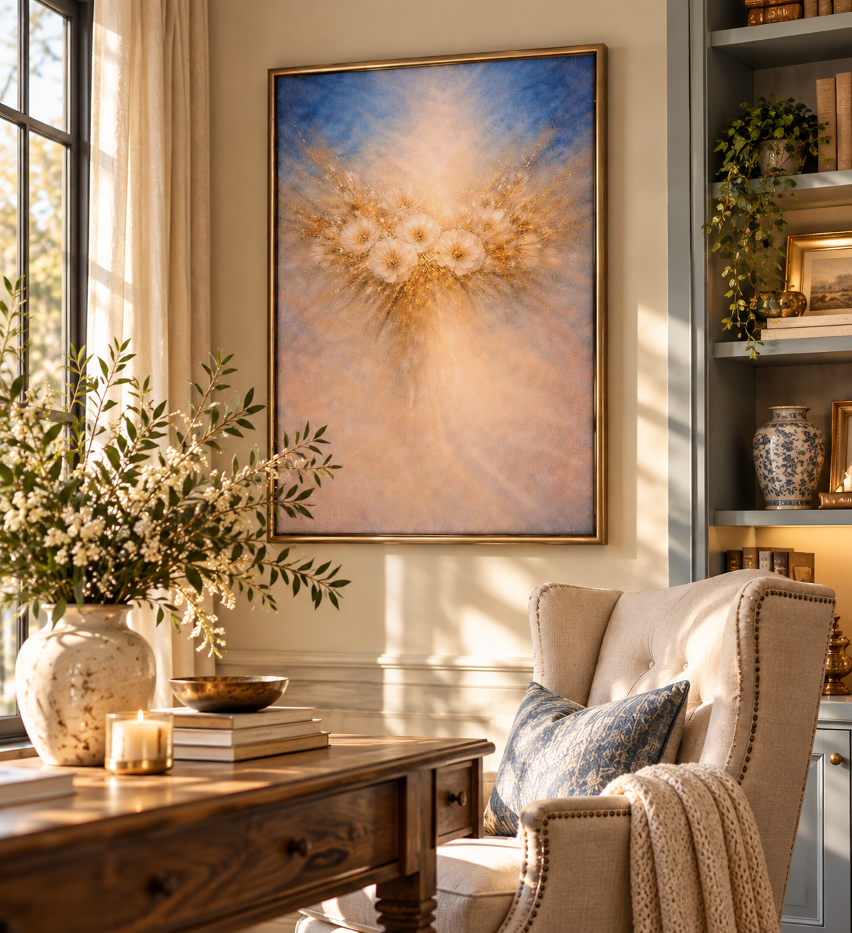 Blue &amp; Gold Floral Wall Art – Soft Abstract Flower Art Print