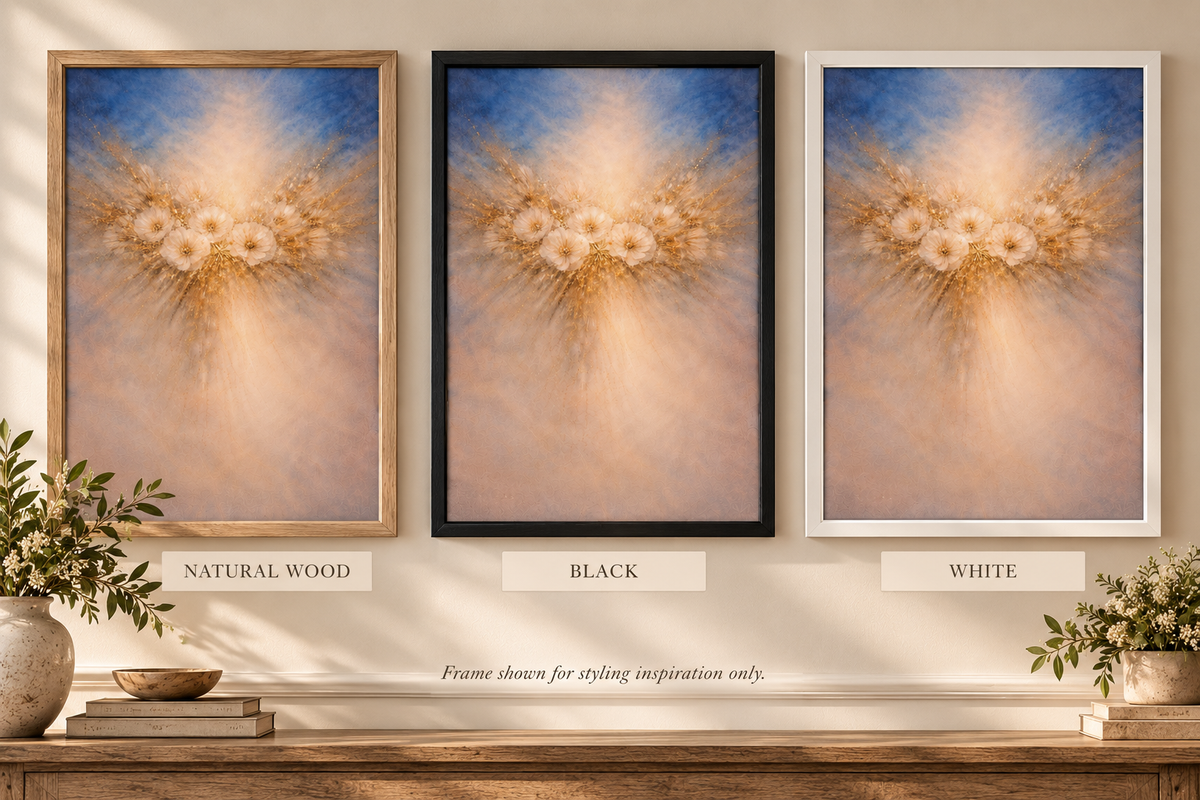 Blue &amp; Gold Floral Wall Art – Soft Abstract Flower Art Print