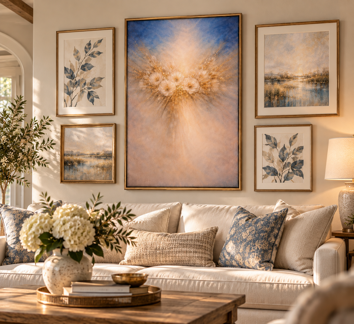 Blue &amp; Gold Floral Wall Art – Soft Abstract Flower Art Print