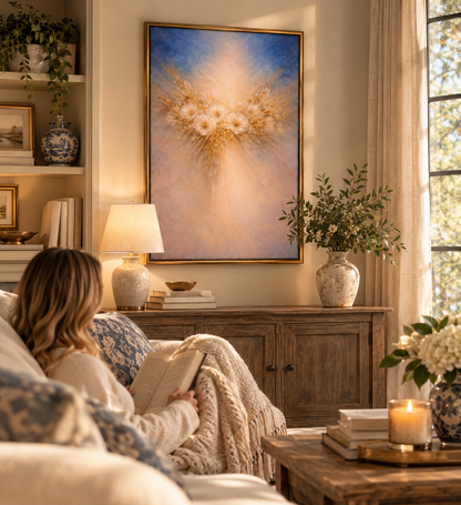 Blue &amp; Gold Floral Wall Art – Soft Abstract Flower Art Print