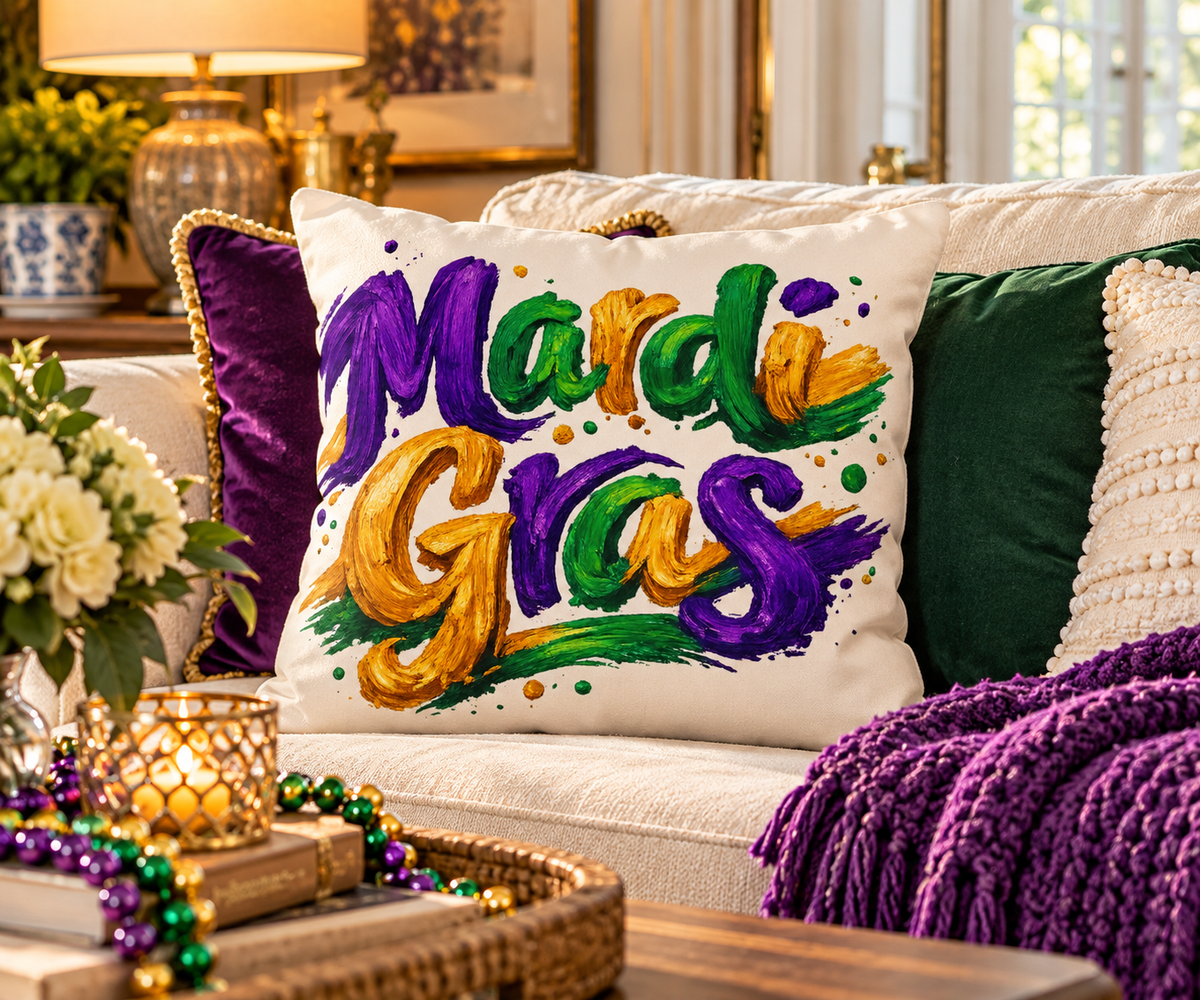 Mardi Gras Outdoor Pillow, Purple Green Gold Patio Decor, Louisiana Festive Cushion, Porch Party Decor